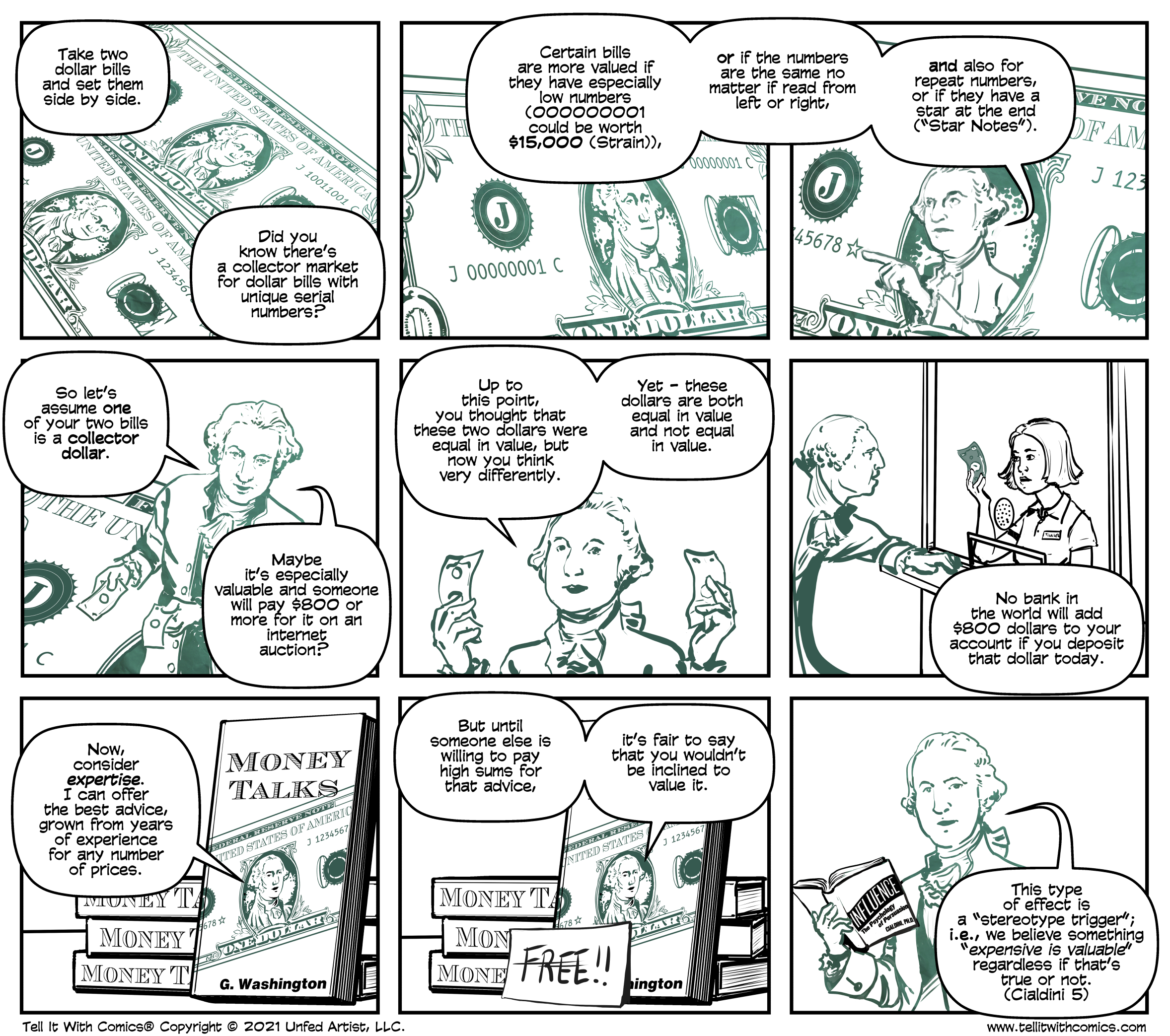 Thumbnail of a multipanel, green and black comic showing images of a dollar bill and George Washington.